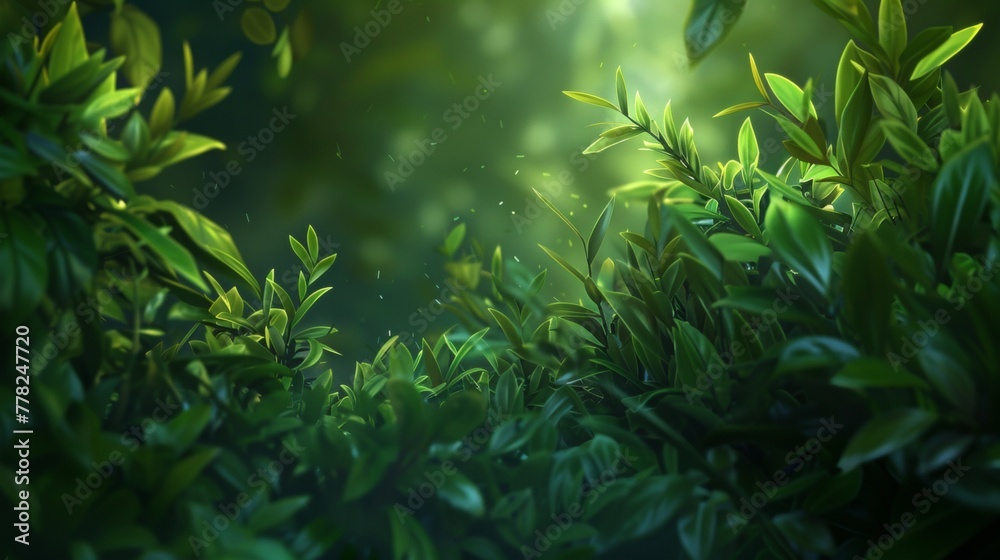 Detailed view of a bush with vibrant green leaves filling the frame Detailed view of a bush with vibrant green leaves filling the frame