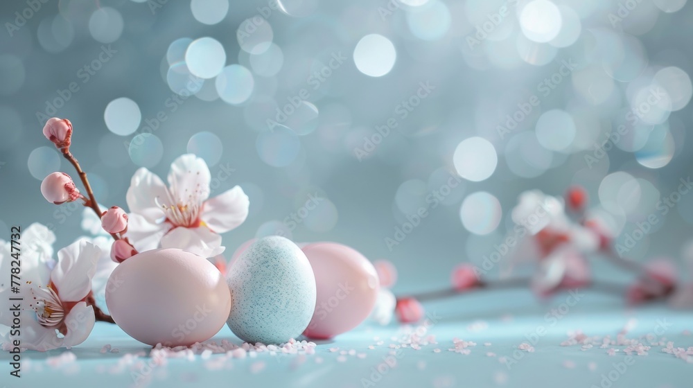 A group of pastel colored Easter eggs resting on top of a table