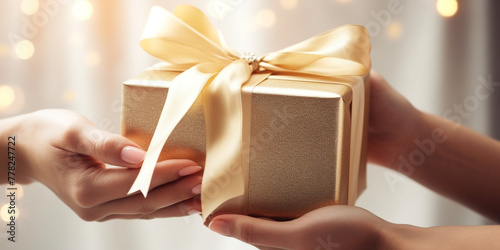 Female hands with festive minimalistic manicure tie a bow on a white gift box сreated with Generative Ai