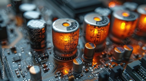 Macro photo of computer motherboard capacitors, electrical components photo