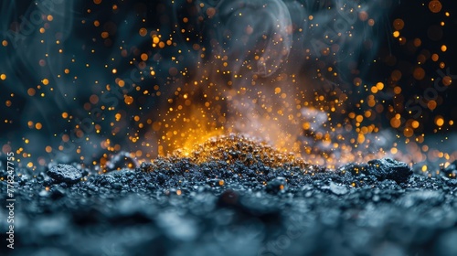 Macro shot of metal powder particles being sprayed onto a surface for 3D printing, futuristic technology