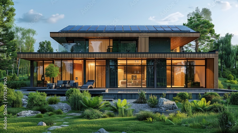 Minimalist illustration of a sustainable home with solar panels and a rainwater harvesting system, clean and modern design