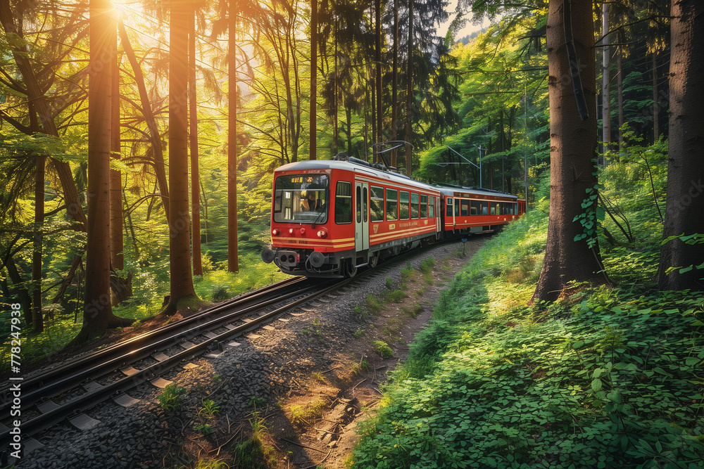 Fototapeta premium Modern Blue German Train Journey Through Summer Forest