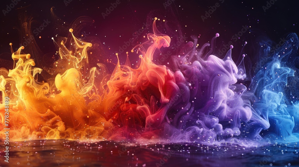 Nanoparticles dispersing in a liquid solution, vibrant colors and dynamic motion in the composition