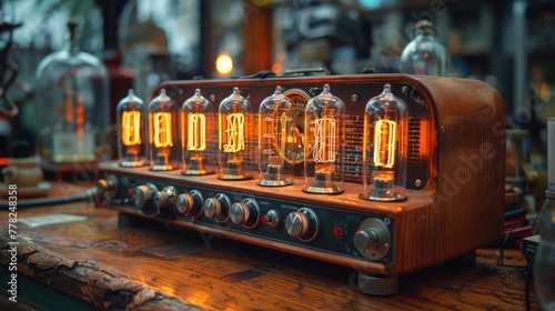 Retro radio transmitter with glowing tubes, vintage communication device