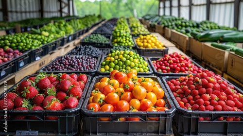 Pallets of fresh produce being loaded onto trucks in a food processing plant, farm-to-table distribution