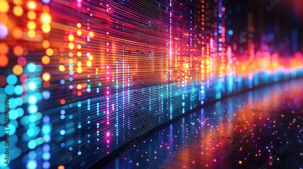 Spectrum analyzer display showing data waves in vibrant rainbow colors, abstract and dynamic