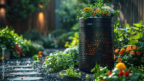 Stylish mockup of a composting bin with kitchen scraps and garden waste, modern and eco-friendly photo