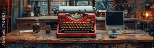 Vintage typewriter connected to a computer via cables, blending old and new technology