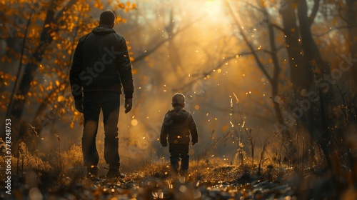 Back view of father and son walking in autumn forest at sunset. photo