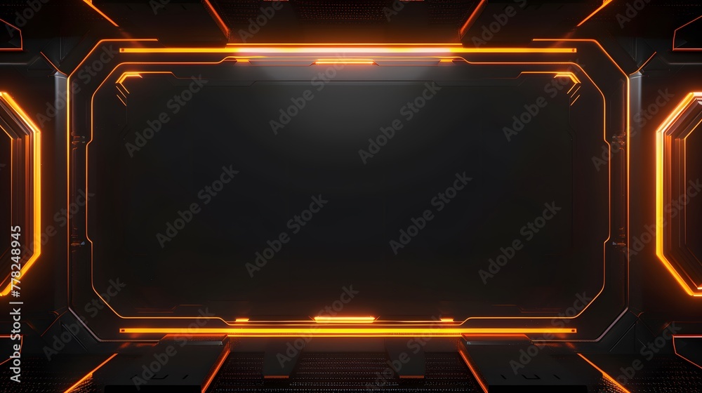 Modernized black and orange live stream overlay video screen interface frame composition, dynamic orange border game overlay video screen frame for interactive live streams
