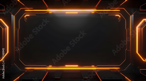 Modernized black and orange live stream overlay video screen interface frame composition, dynamic orange border game overlay video screen frame for interactive live streams