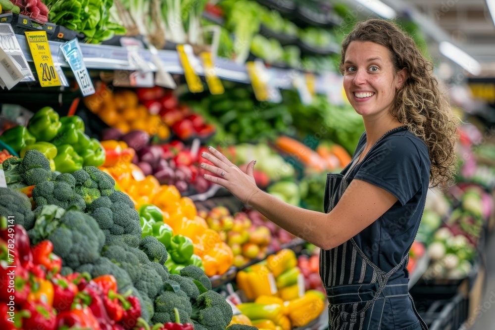 A woman standing in front of a vibrant display of fruits and vegetables, showcasing the variety of fresh produce available at the farmers market