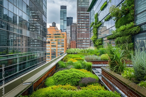 A vibrant green roof garden flourishing amidst urban buildings in the heart of the city, showcasing sustainable green infrastructure