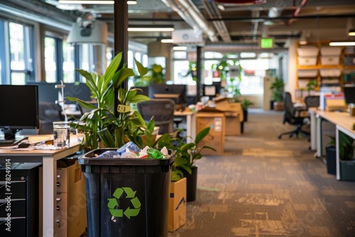 A wide-angle shot of a corporate office space filled with desks and numerous plants, showcasing a green office culture and overflowing recycling bins