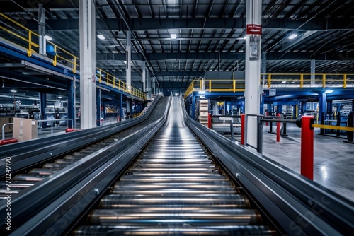 A commercial photograph showcasing the train track inside a large building, emphasizing modern logistics and innovation in transportation