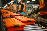 Workers in orange vests and hard hats sorting and arranging luggage on a conveyor belt with precision