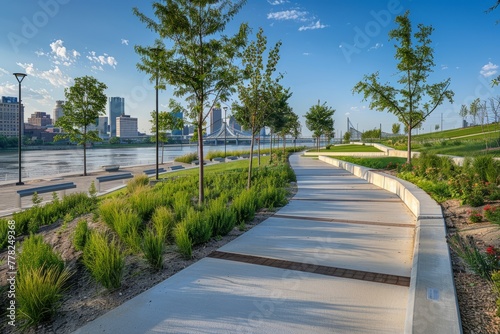 A walkway lined with trees and plants runs alongside a river, creating a green urban cityscape. Parks and promenades add to the scenic view