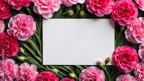 This is an image of a card placed in the center of a beautiful carnation flower. Generative AI.