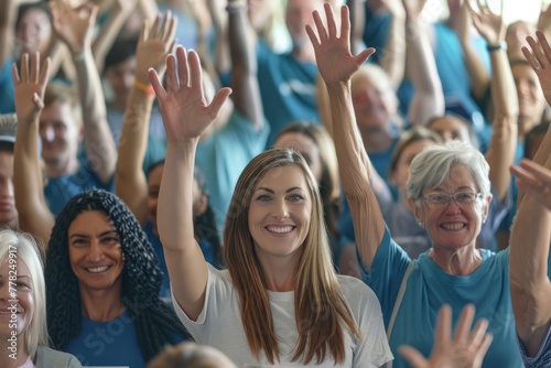 A group of people standing with their hands in the air at a volunteer event or community service project