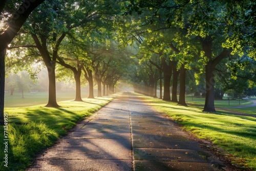 A road flanked by trees on both sides bathed in the soft morning light