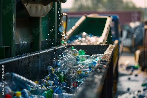 A commercial truck overflowing with numerous plastic bottles being transported for waste management solutions