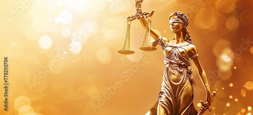 Illuminated backdrop complements Lady Justice statue holding scales and sword