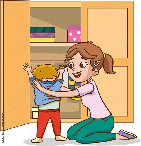  vector illustrations of children wearing clothes .children changing dresses and trousers.