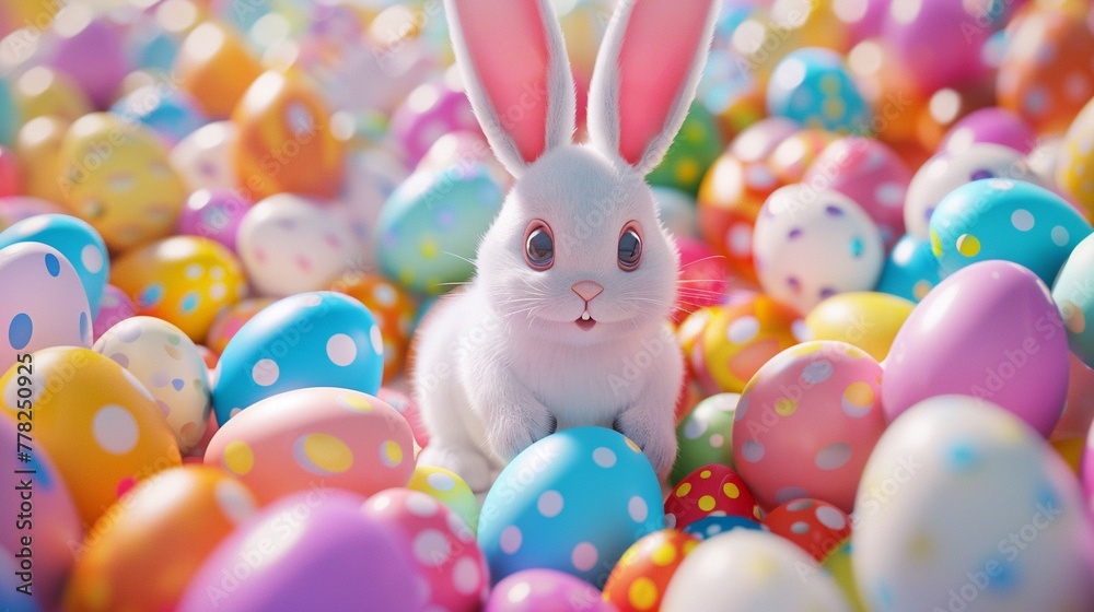 A whimsical bunny in a 3D world with colorful Easter eggs A whimsical bunny in a 3D world with colorful Easter eggs