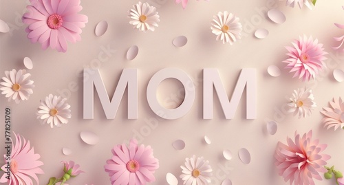 3D wooden text "MOM" with pink daisies on a light background