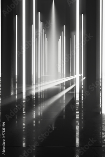 A black and white black of an empty room with only vertical lines and lights for background © grey