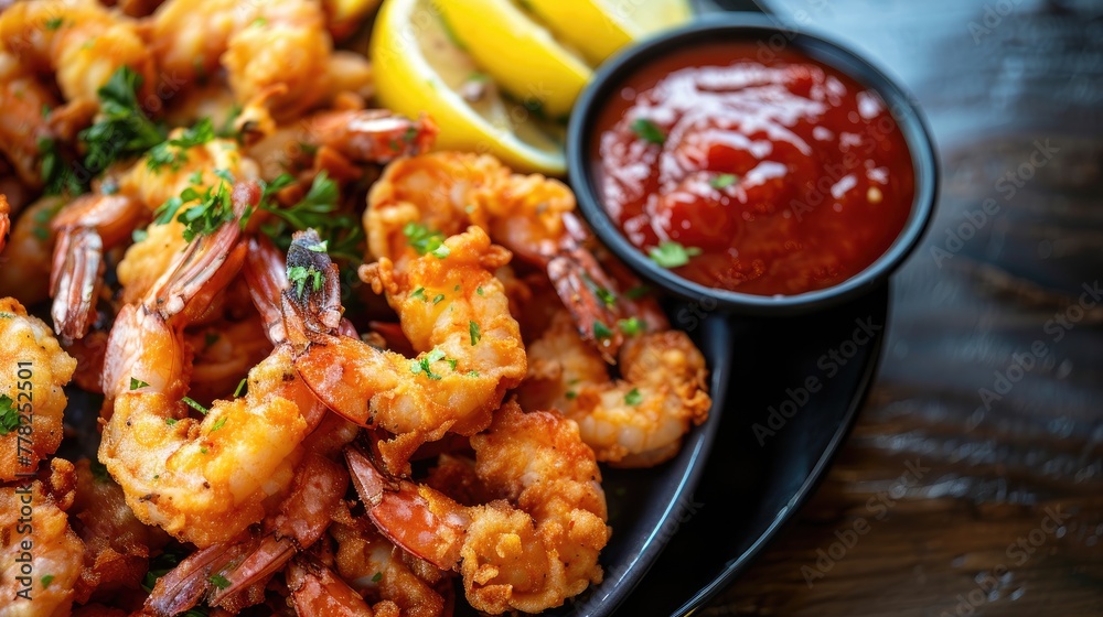 fried shrimps or prawns with lemon and spicy sauce