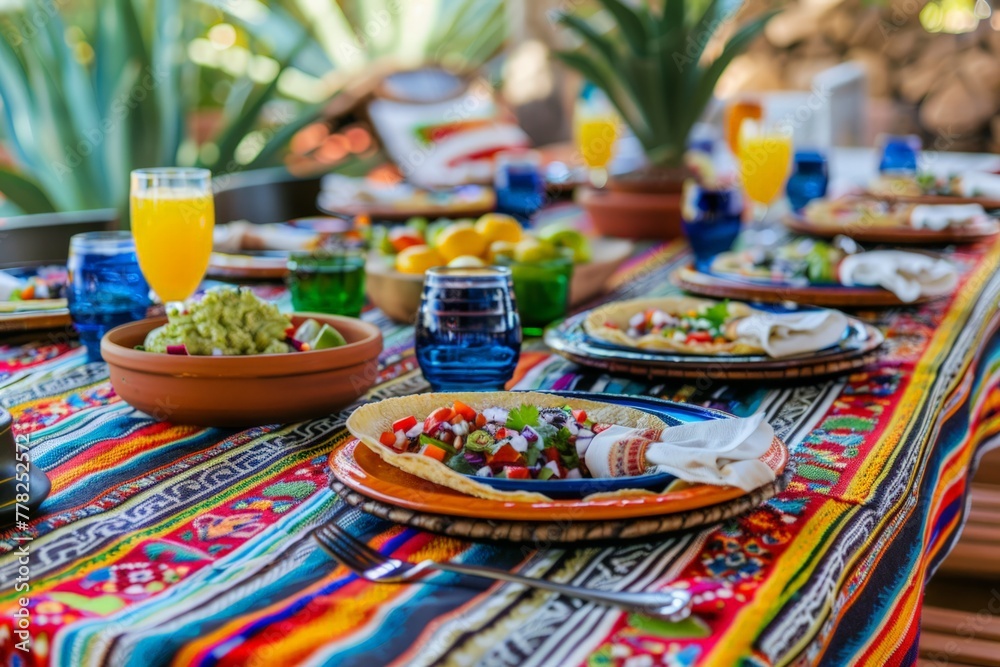 Festive Cinco de Mayo Feast on Traditional Tablecloth