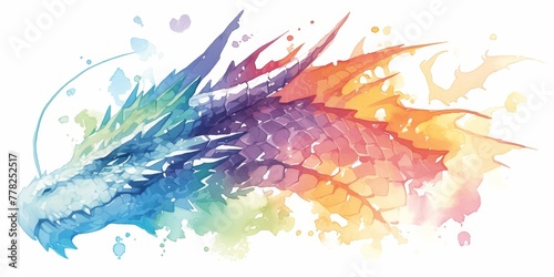 watercolor dragon head in rainbow colors against a white background. The dragon head is painted in the style of a watercolor