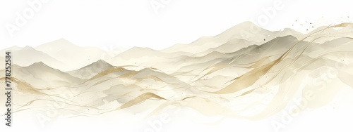 Watercolor foggy mountains in the style of Chinese style background with light beige and gold colors on a white background