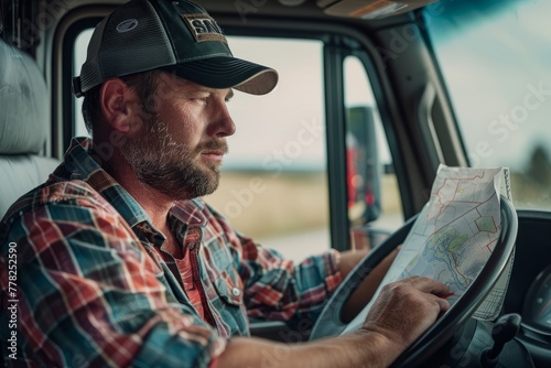 A man is seated in the drivers seat of a truck, focused on reading a map to plan his route