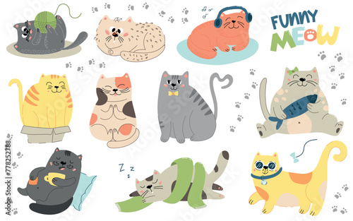 Set of cute fat cats. Doodle stickers with funny fluffy kittens sitting in box, playing with ball and sleeping. Adorable meowing pets. Cartoon flat vector collection isolated on white background