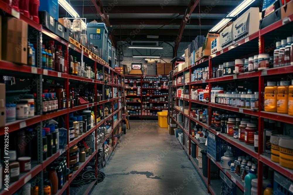 A wide shot of a commercial warehouse filled with shelves stocked with various items, likely auto parts