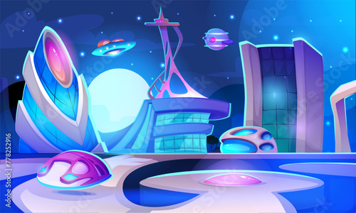 Futuristic night cityscape. Urban architecture with glowing buildings of unusual shape and flying cars. Metaverse and cyberpunk town. Panorama with city of future. Cartoon neon vector illustration