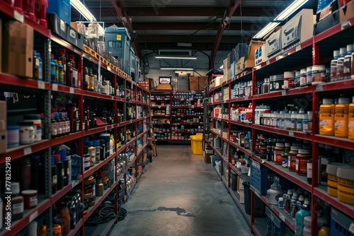 A wide shot of a commercial warehouse filled with shelves stocked with various items, likely auto parts