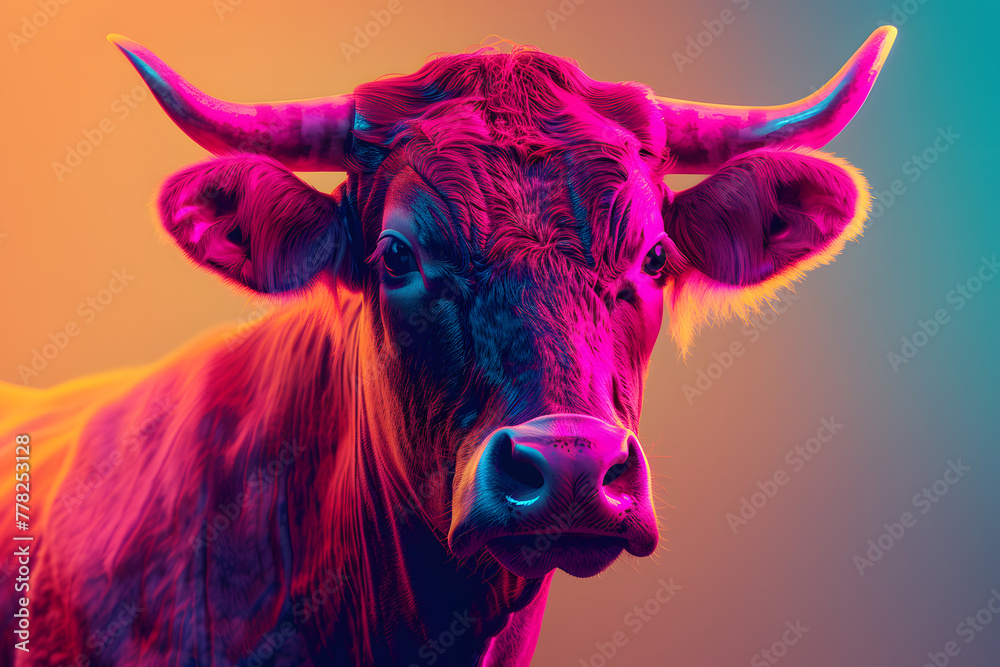 Close up of a vibrant bull with colorful horns staring at the camera