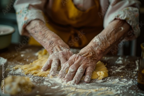A woman energetically kneads dough on a wooden table, preparing ingredients for baking or cooking