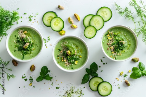 Top-down view of three bowls filled with gourmet green gazpacho soup garnished with fresh cucumbers and herbs, topped with a pistachio crunch