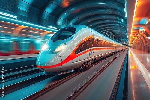 High-Speed Train Sleek high-speed train speeding along elevated tracks photo
