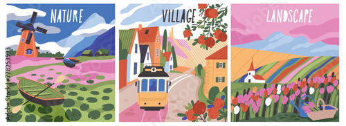 Set of natural village landscapes. Beautiful scenery with countryside houses, fields with blooming flowers, gardens, river and windmill. Cartoon flat vector illustrations isolated on white background