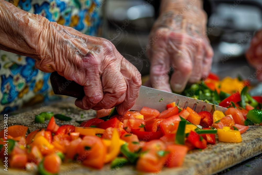 Closeup shot of a seniors hands skillfully chopping vegetables on a cutting board