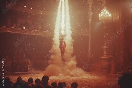Human Cannonball Show Performer being launched from a cannon in a circus-style show photo