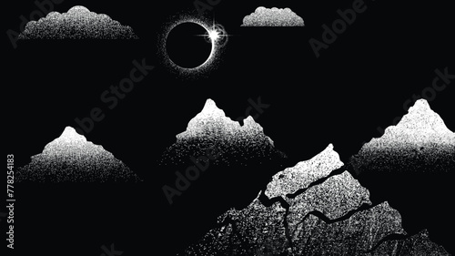 Solar eclipse .Star and moon in space. Futuristic landscape, with noise texture . Night landscape .Vector illustration
