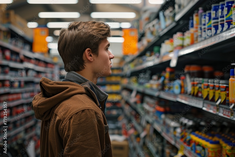 A young man standing in a grocery store aisle, looking at the various products displayed on the shelves