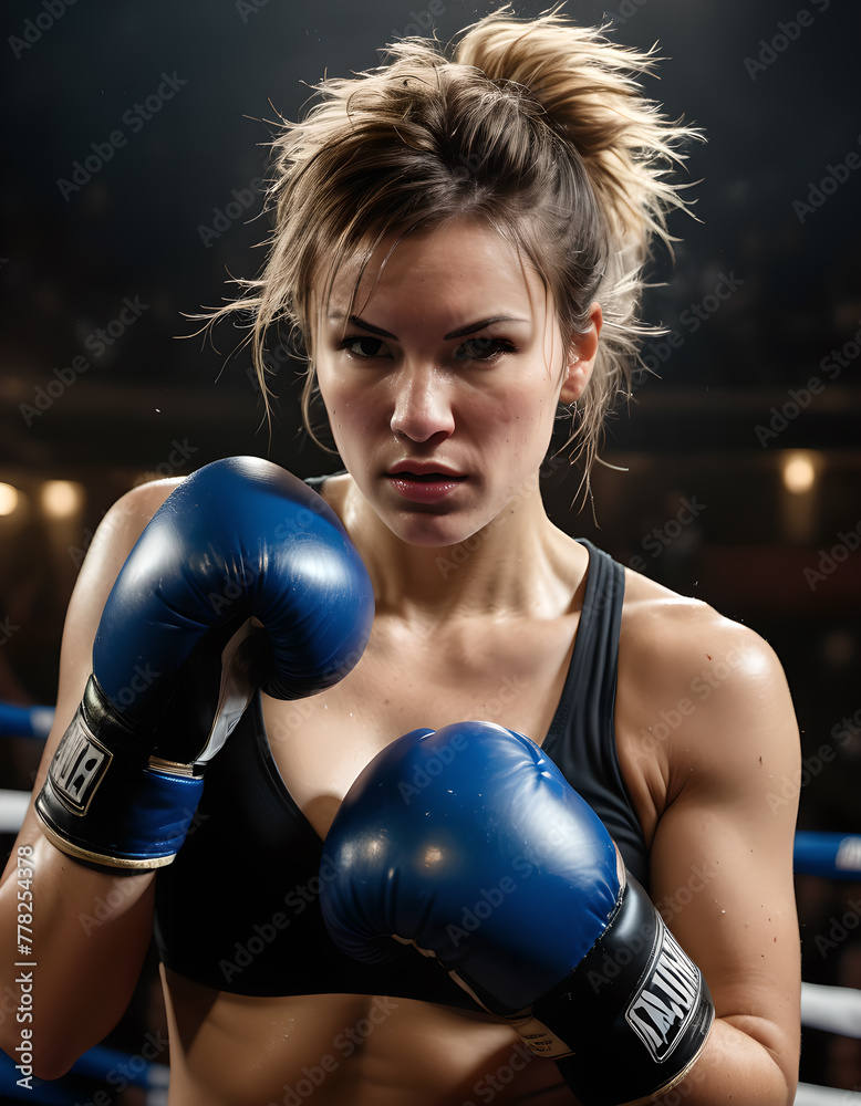 Woman boxing with gloves in the ring. Woman fighter in red gloves with messy hair. Boxer woman.